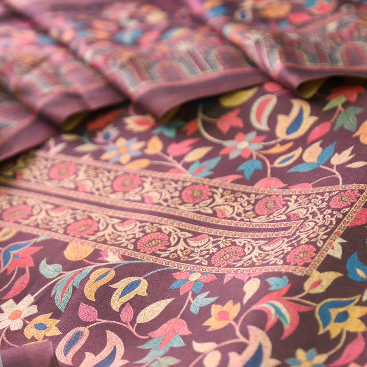 काशगिरि Chocolate Brown All Over Kanni Floral Printed Semi Pashmina Winter Set