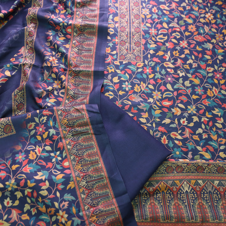 काशगिरि Navy Blue All Over Kanni Floral Printed Semi Pashmina Winter Set