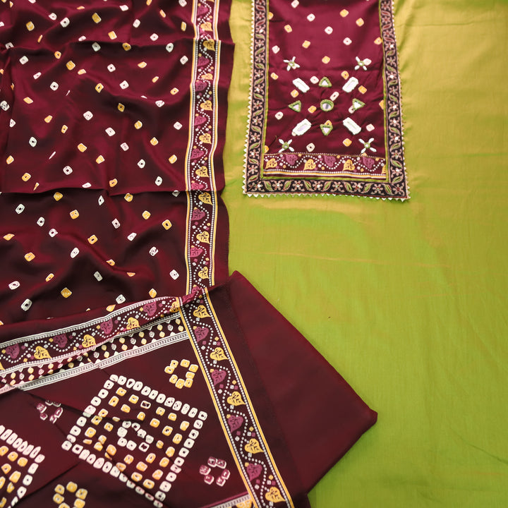 Nigahein Grass Green Mirror Work Neck Mashru Patch Glazed Cotton Suit Set