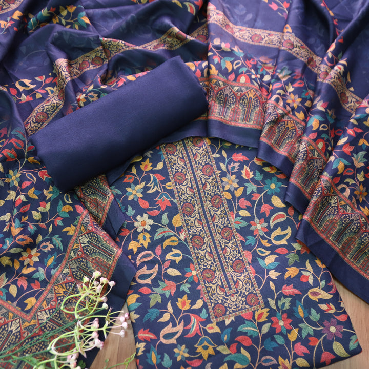 काशगिरि Navy Blue All Over Kanni Floral Printed Semi Pashmina Winter Set
