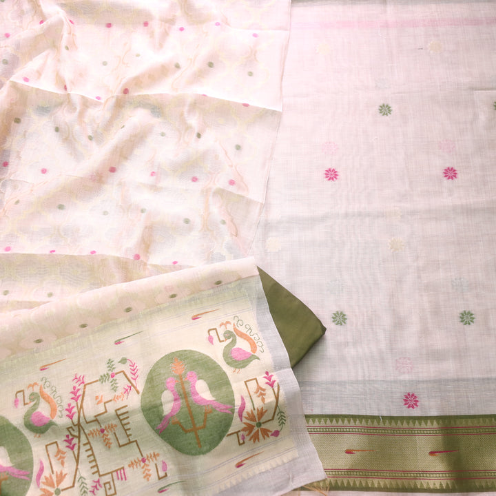 Kakashi Skin Beige with Grass Green Mangalgiri Hem Zari Weaved Jamdani Chanderi Set