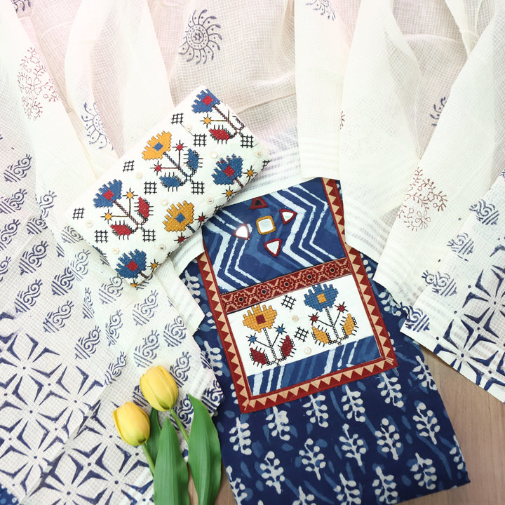 Ridhima Indigo Blue Kutch Mirror Dabu Printed Cotton Set D4