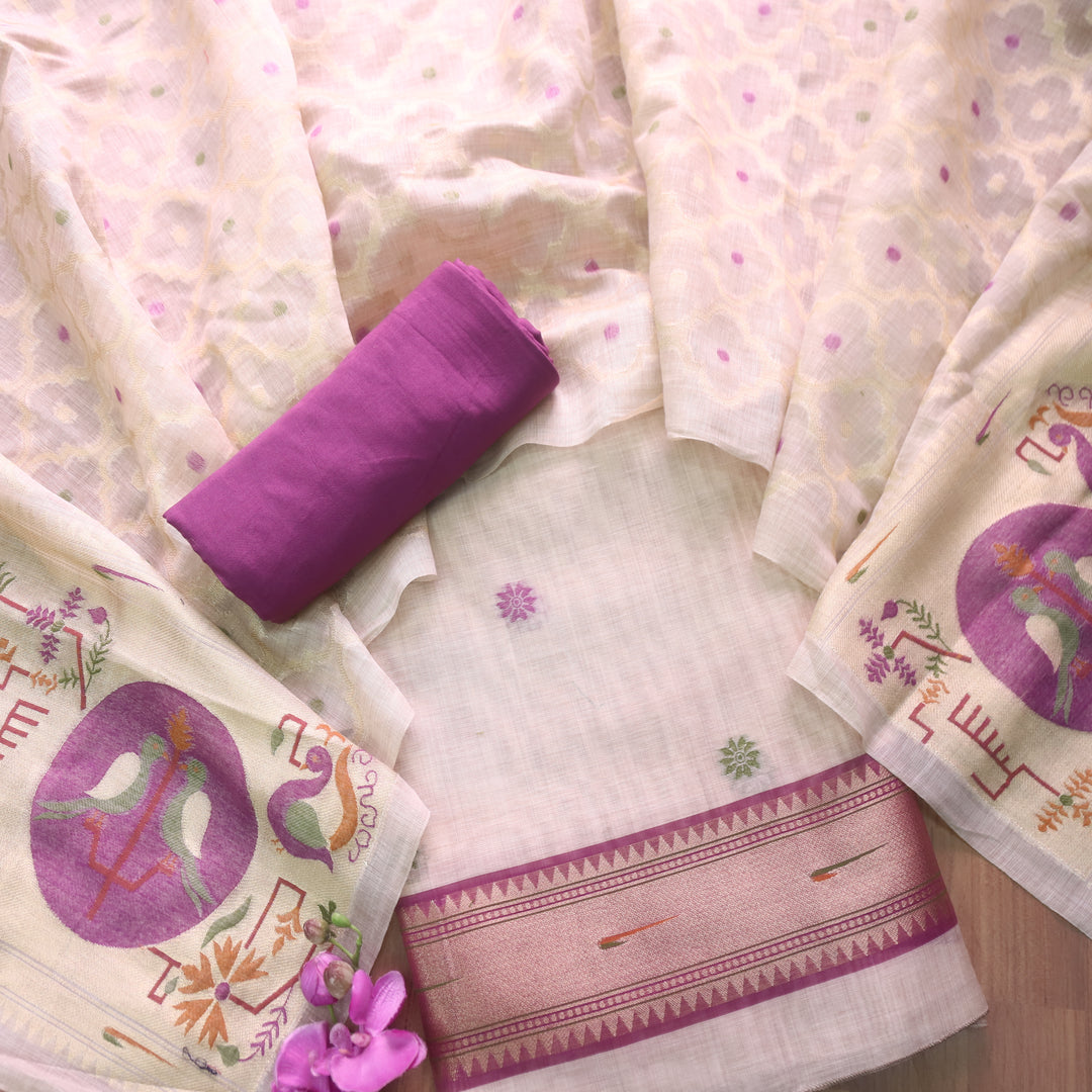 Kakashi Skin Beige with Violet Purple Mangalgiri Hem Zari Weaved Jamdani Chanderi Set