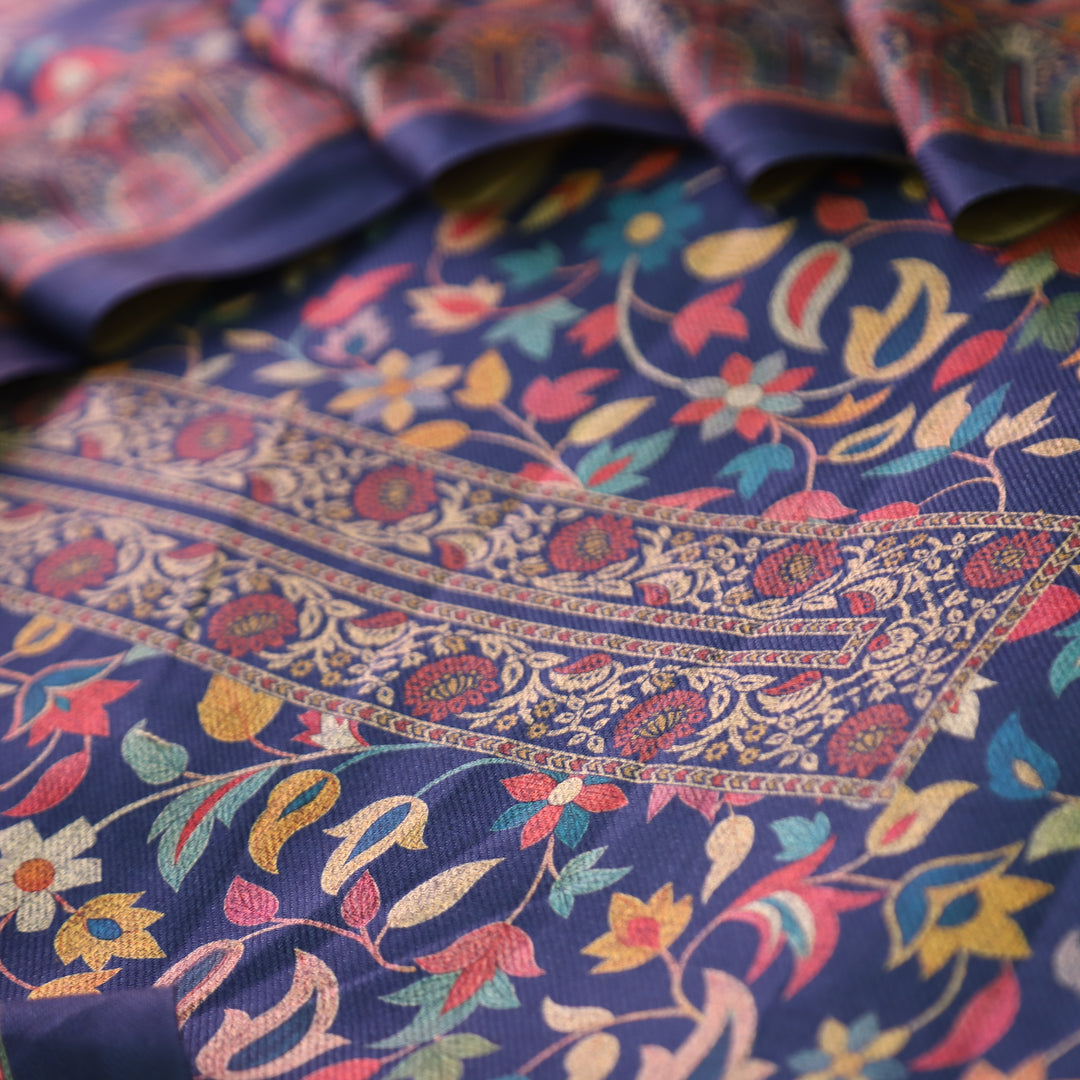 काशगिरि Navy Blue All Over Kanni Floral Printed Semi Pashmina Winter Set