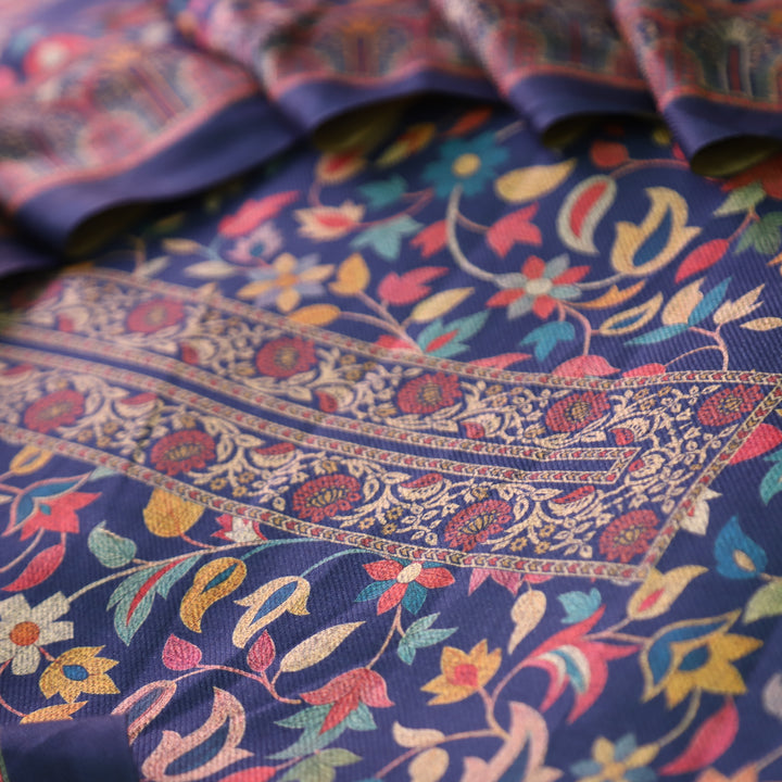 काशगिरि Navy Blue All Over Kanni Floral Printed Semi Pashmina Winter Set