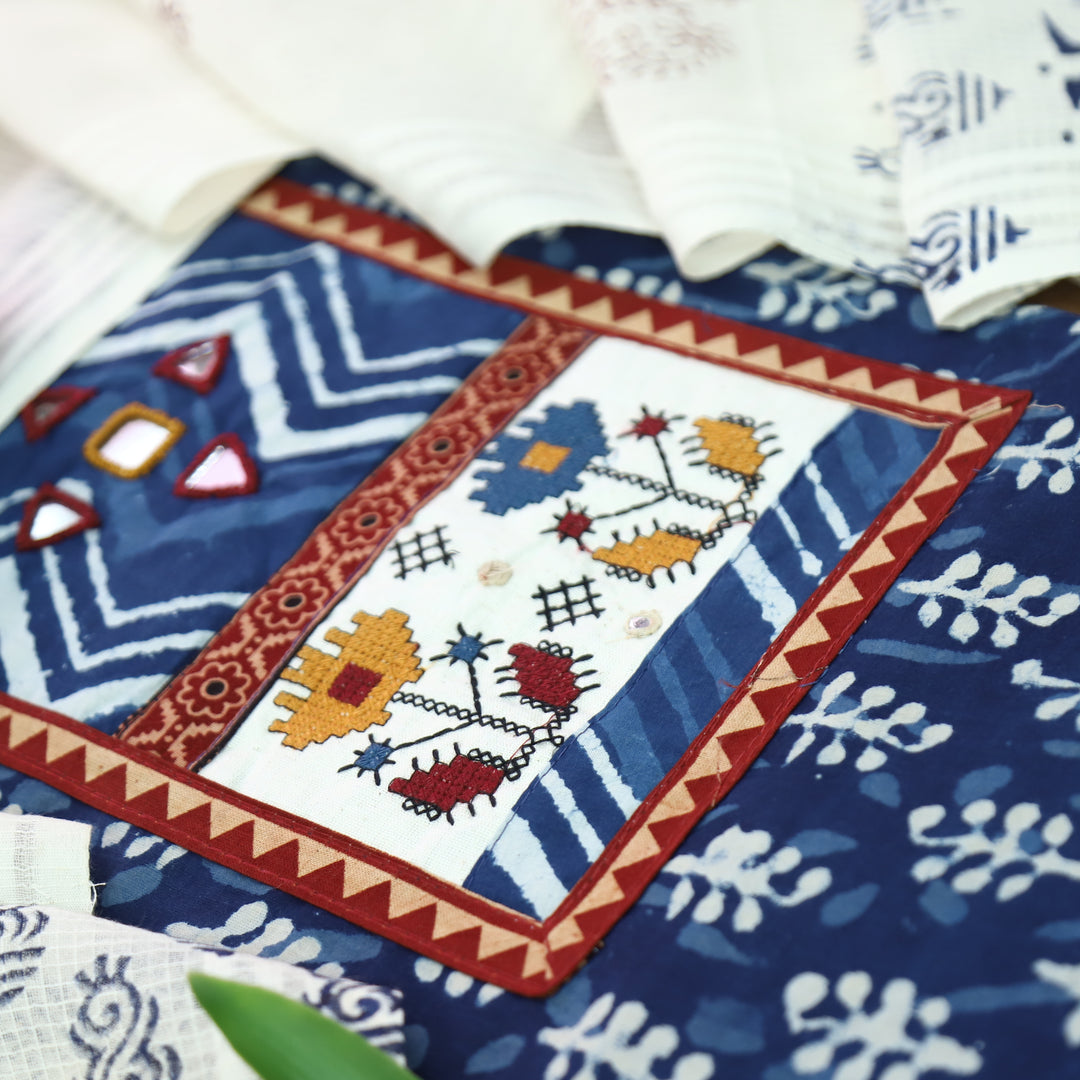 Ridhima Indigo Blue Kutch Mirror Dabu Printed Cotton Set D4