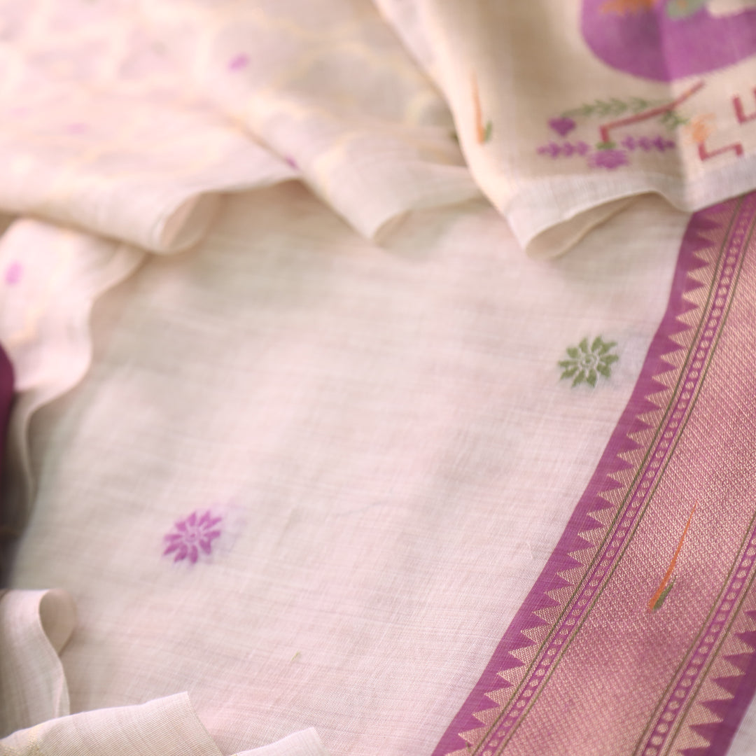 Kakashi Skin Beige with Violet Purple Mangalgiri Hem Zari Weaved Jamdani Chanderi Set