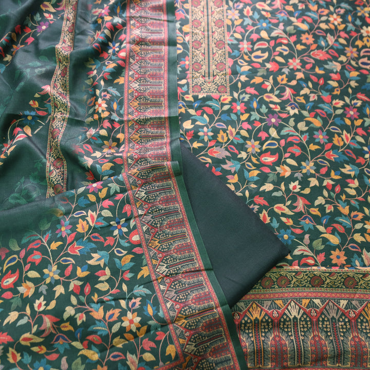 काशगिरि Sacramento Green All Over Kanni Floral Printed Semi Pashmina Winter Set
