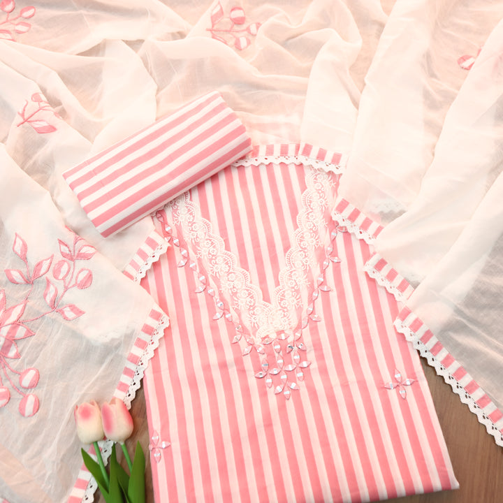 Aashna Bubble Peach Stripe Printed Lace Work Cotton Set