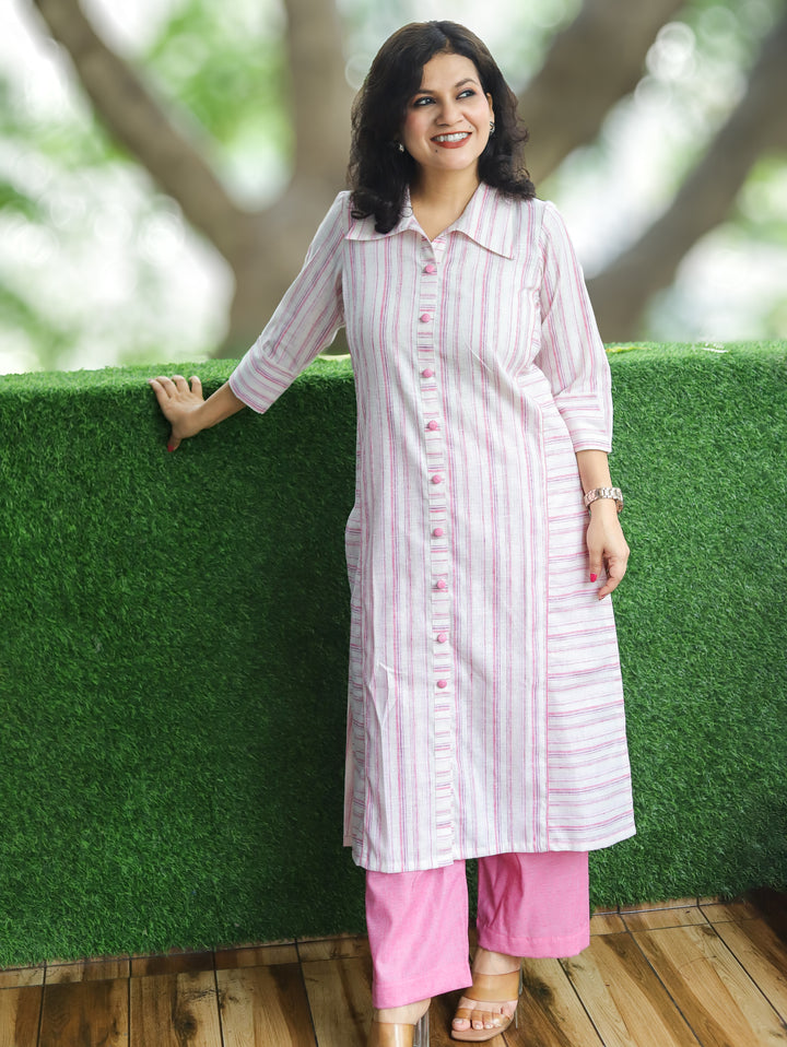 Meeravi White Lilac Stripe Print Cotton Co-ord Set