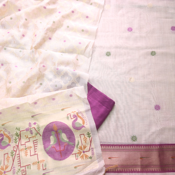 Kakashi Skin Beige with Violet Purple Mangalgiri Hem Zari Weaved Jamdani Chanderi Set
