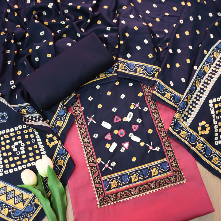 Nigahein Mauve Blush Mirror Work Neck Mashru Patch Glazed Cotton Suit Set