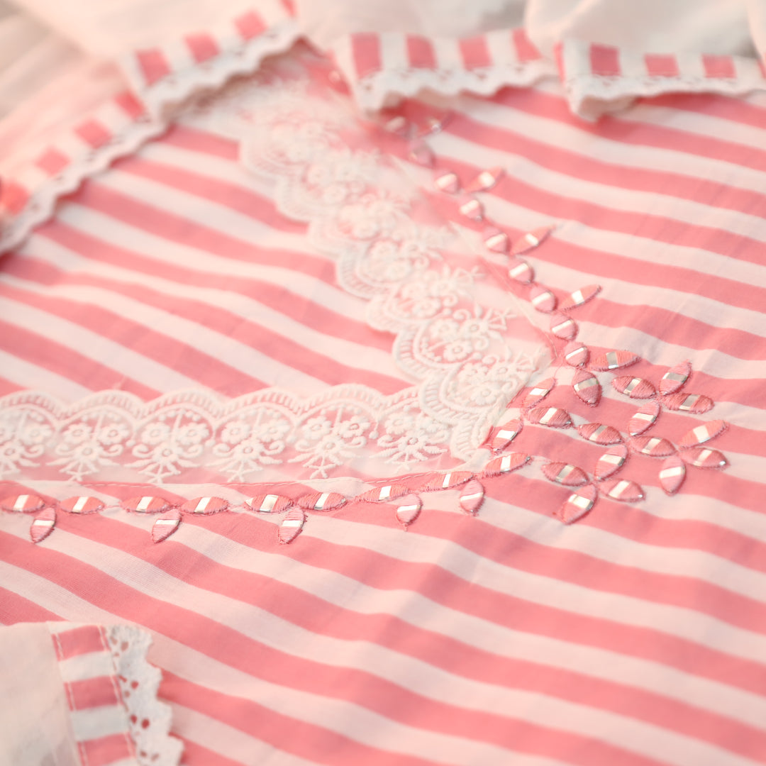 Aashna Bubble Peach Stripe Printed Lace Work Cotton Set