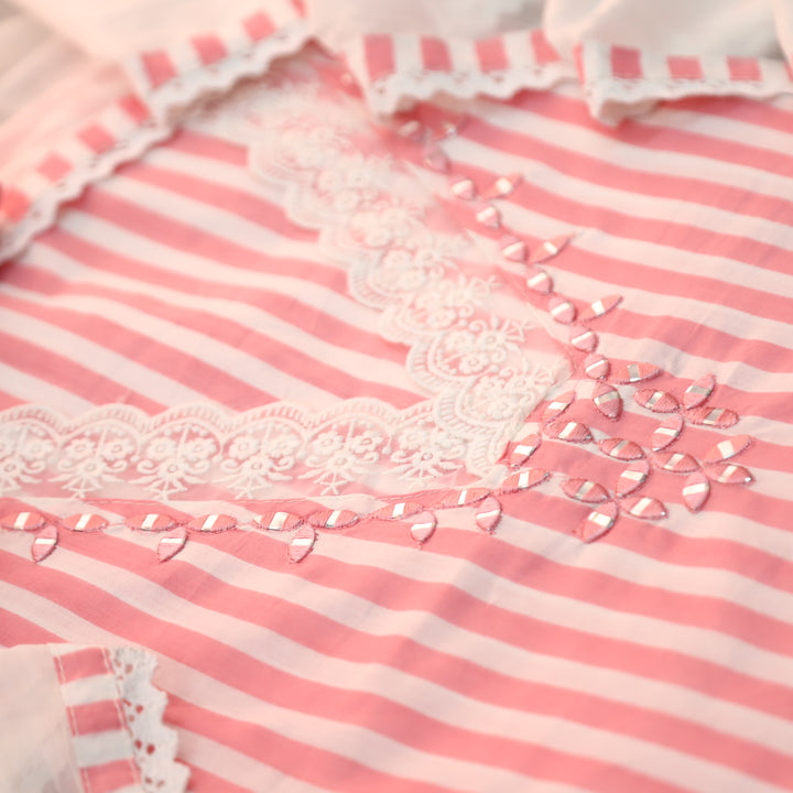 Aashna Bubble Peach Stripe Printed Lace Work Cotton Set