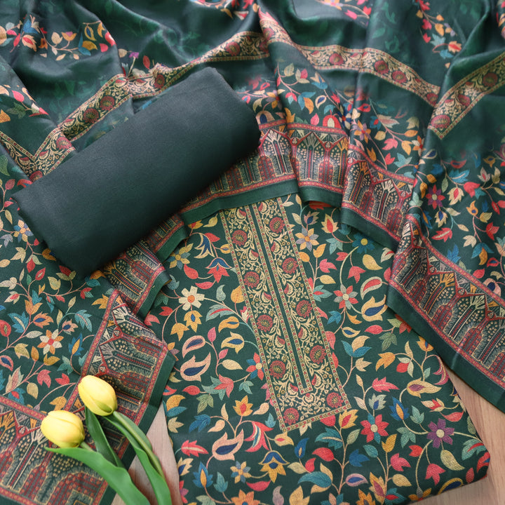 काशगिरि Sacramento Green All Over Kanni Floral Printed Semi Pashmina Winter Set