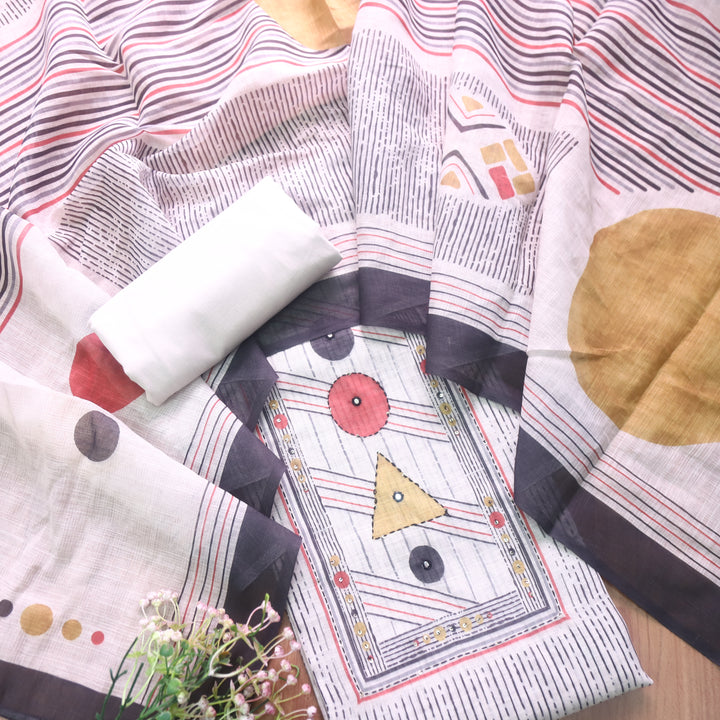 Rangoli Frappe Beige Sequine Work Digital Printed Cotton Linen Suit Set