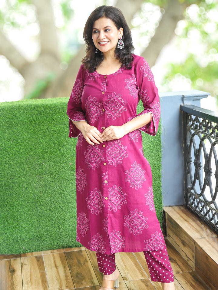 Rangrez Wine Purple Bandhani Print Cotton Jacket Set