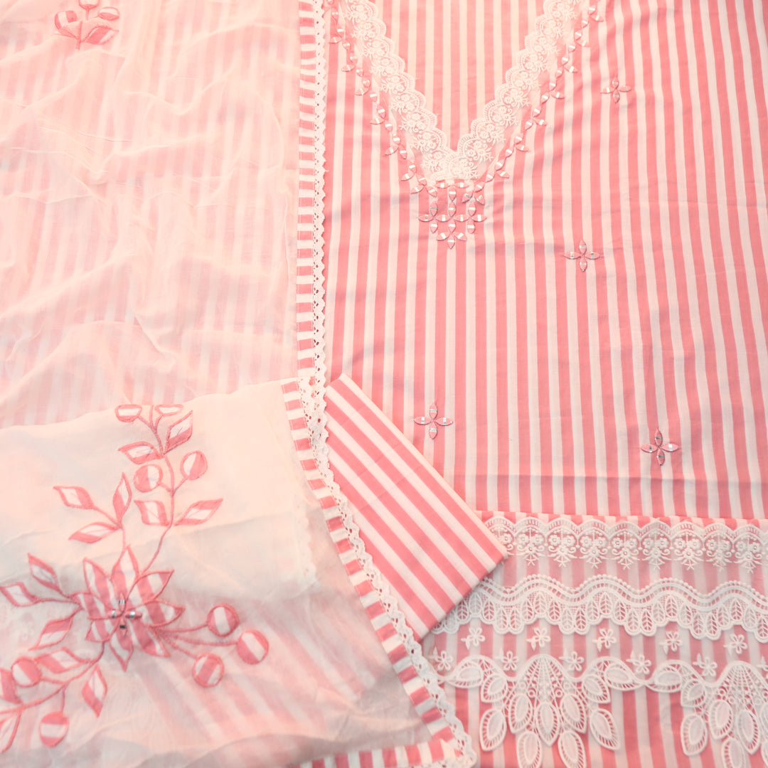 Aashna Bubble Peach Stripe Printed Lace Work Cotton Set
