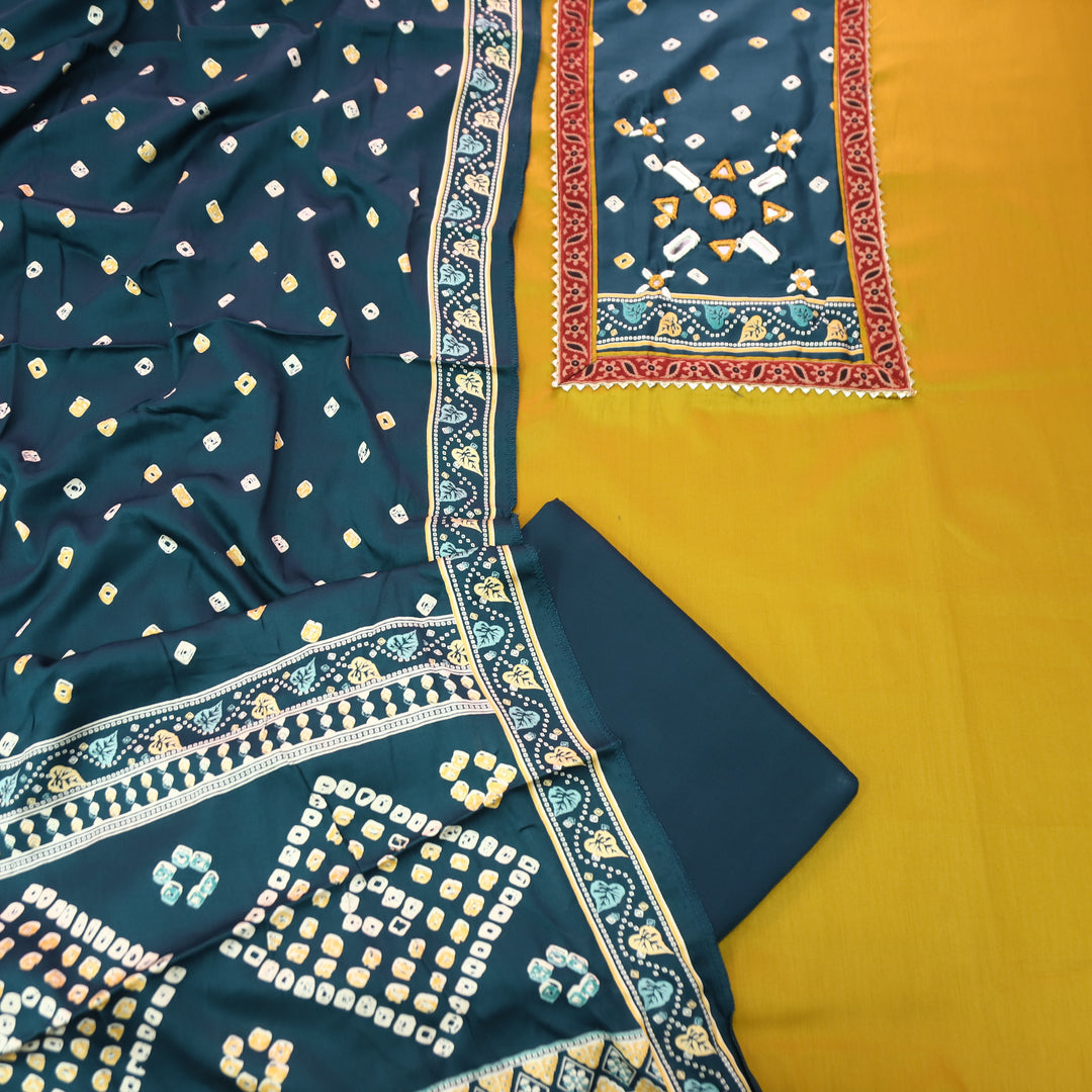 Nigahein Dandelion Yellow Mirror Work Neck Mashru Patch Glazed Cotton Suit Set