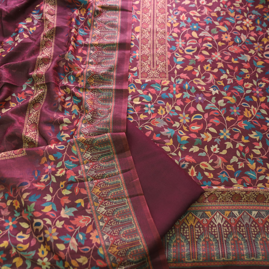 काशगिरि Burgundy Wine All Over Kanni Floral Printed Semi Pashmina Winter Set