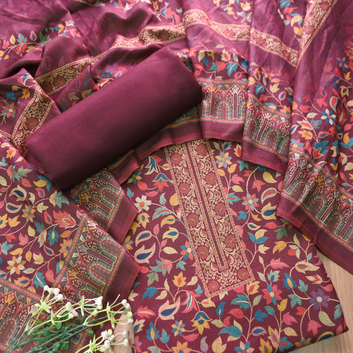काशगिरि Burgundy Wine All Over Kanni Floral Printed Semi Pashmina Winter Set