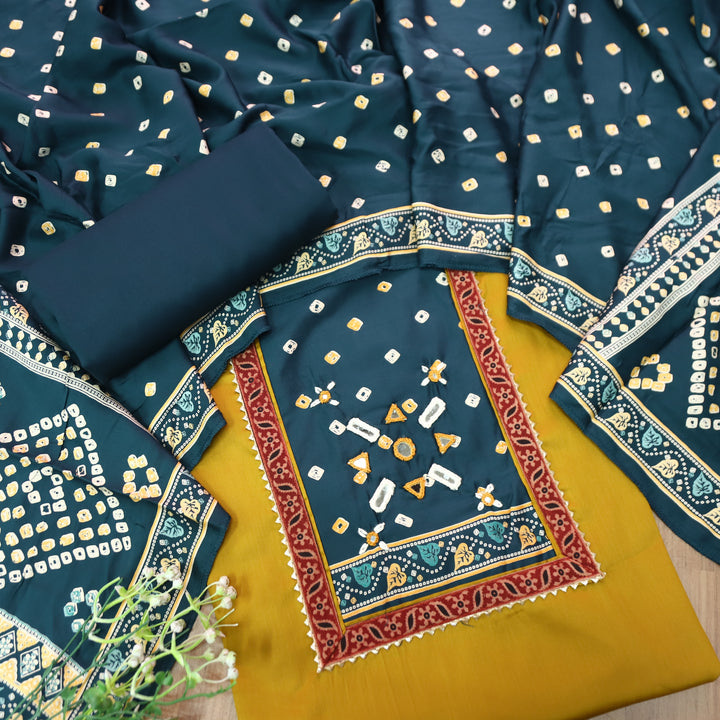 Nigahein Dandelion Yellow Mirror Work Neck Mashru Patch Glazed Cotton Suit Set