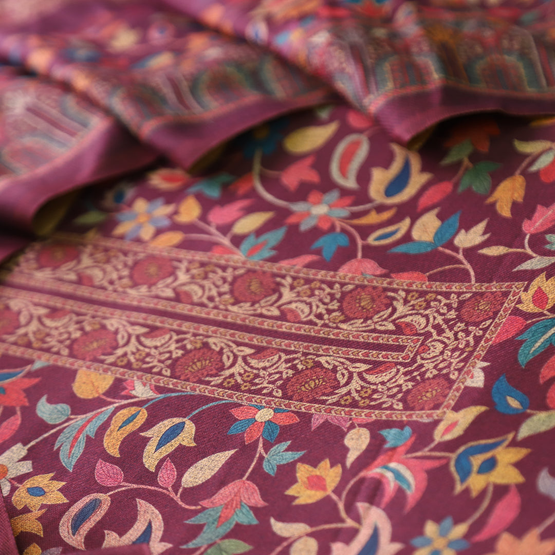 काशगिरि Burgundy Wine All Over Kanni Floral Printed Semi Pashmina Winter Set