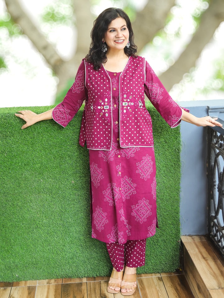 Rangrez Wine Purple Bandhani Print Cotton Jacket Set