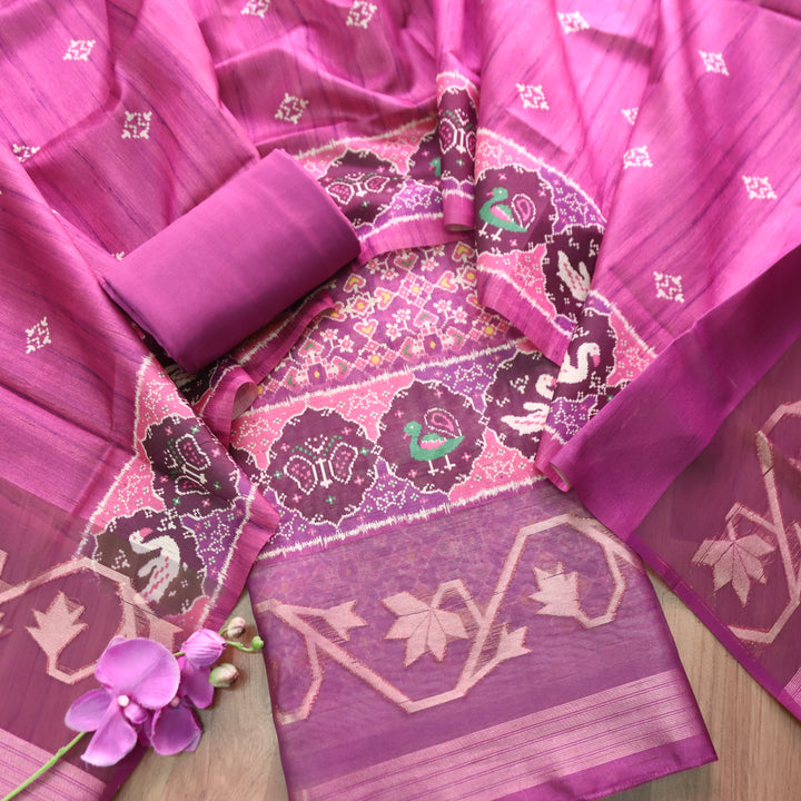 Bahaar Magenta Purple Ikkat Style Print with Zari Detailing Korean Tussar Chanderi Set