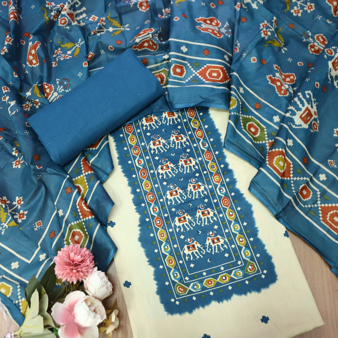 Amelia Beige with Blue Gajj Print Patra Work Yoke Cotton Set