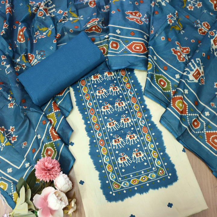 Amelia Beige with Blue Gajj Print Patra Work Yoke Cotton Set