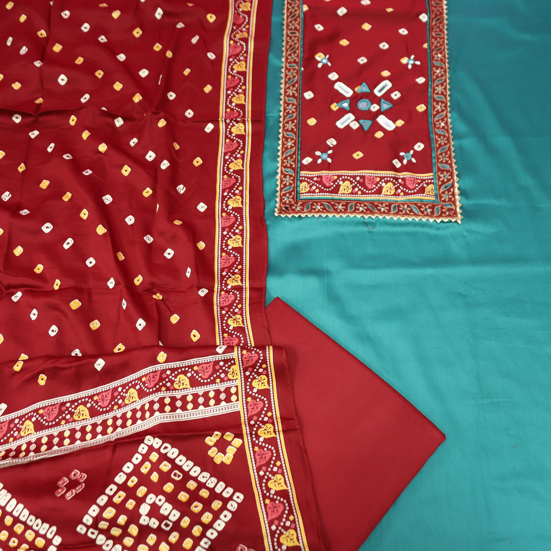 Nigahein Aqua Turq Mirror Work Neck Mashru Patch Glazed Cotton Suit Set