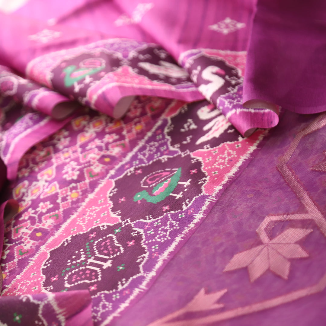 Bahaar Magenta Purple Ikkat Style Print with Zari Detailing Korean Tussar Chanderi Set