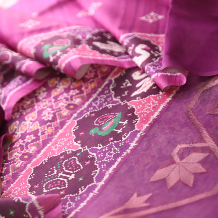 Bahaar Magenta Purple Ikkat Style Print with Zari Detailing Korean Tussar Chanderi Set