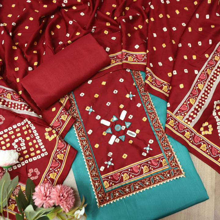 Nigahein Aqua Turq Mirror Work Neck Mashru Patch Glazed Cotton Suit Set