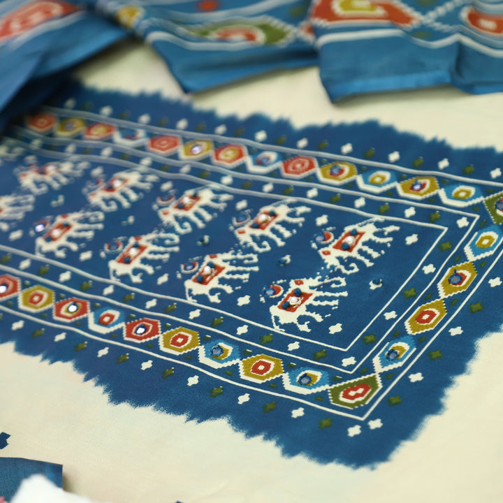 Amelia Beige with Blue Gajj Print Patra Work Yoke Cotton Set