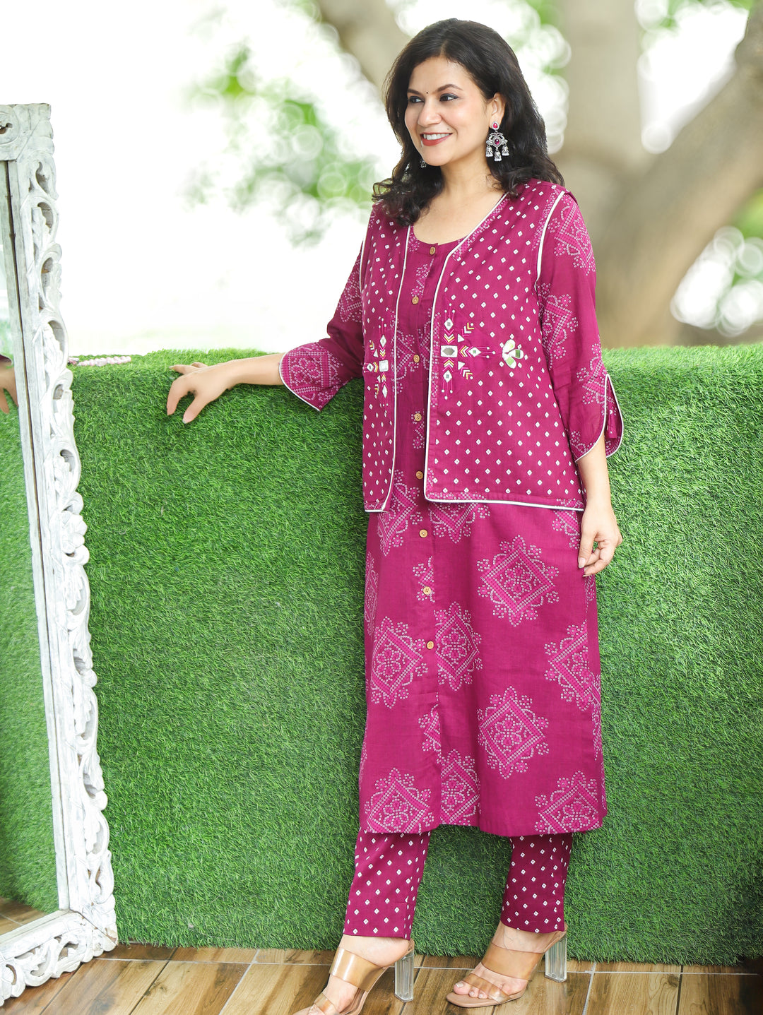 Rangrez Wine Purple Bandhani Print Cotton Jacket Set
