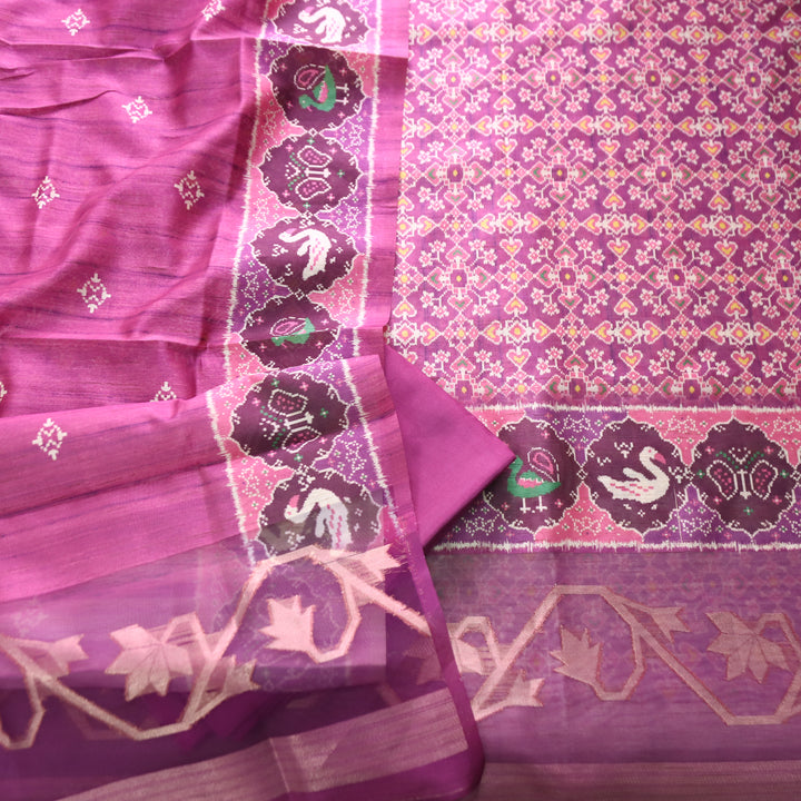 Bahaar Magenta Purple Ikkat Style Print with Zari Detailing Korean Tussar Chanderi Set