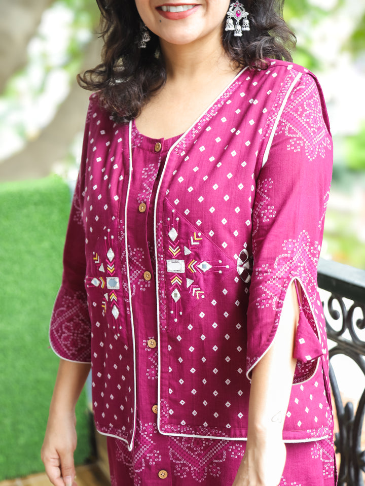 Rangrez Wine Purple Bandhani Print Cotton Jacket Set