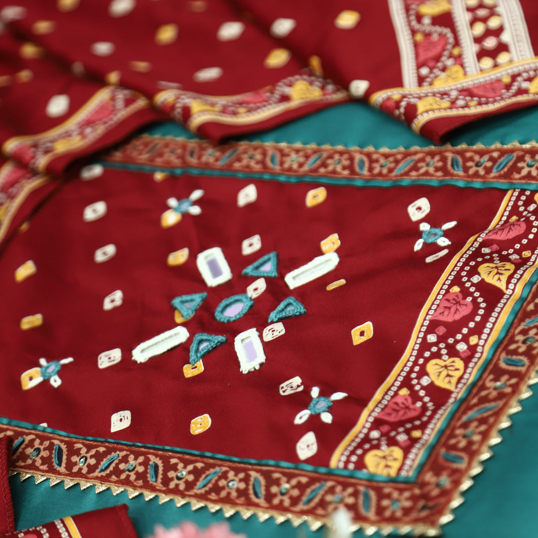 Nigahein Aqua Turq Mirror Work Neck Mashru Patch Glazed Cotton Suit Set