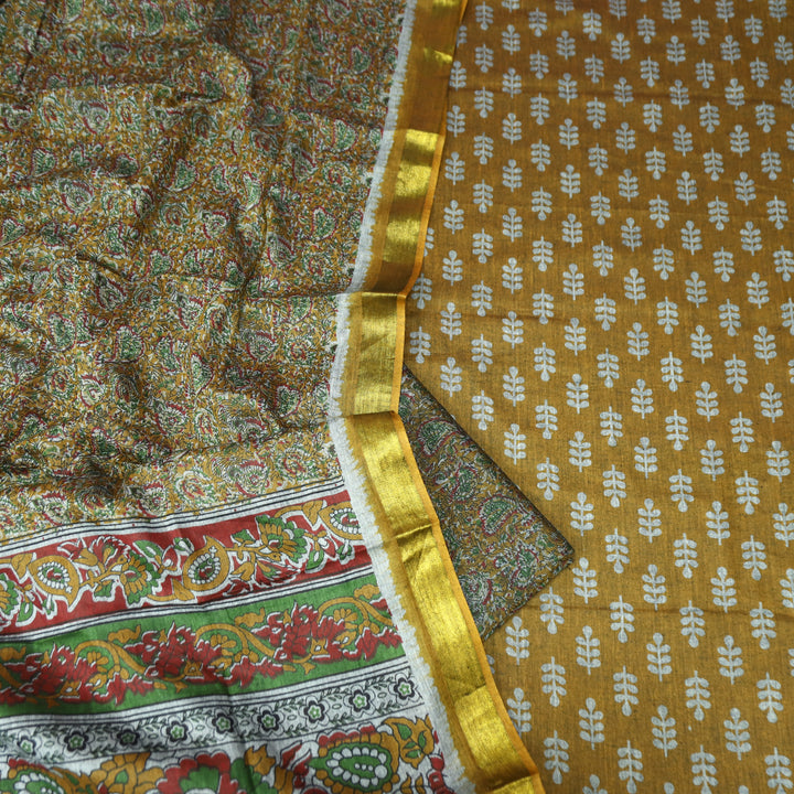 Irayaat Dijon Yellow All Over Printed with Jacquard Weaved Hem Cotton Suit Set