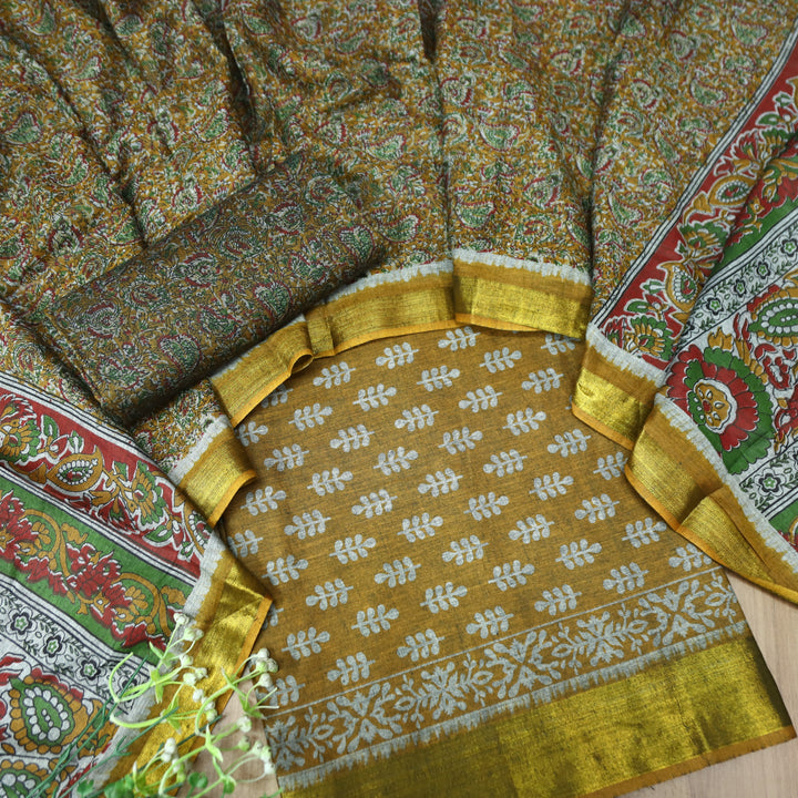 Irayaat Dijon Yellow All Over Printed with Jacquard Weaved Hem Cotton Suit Set
