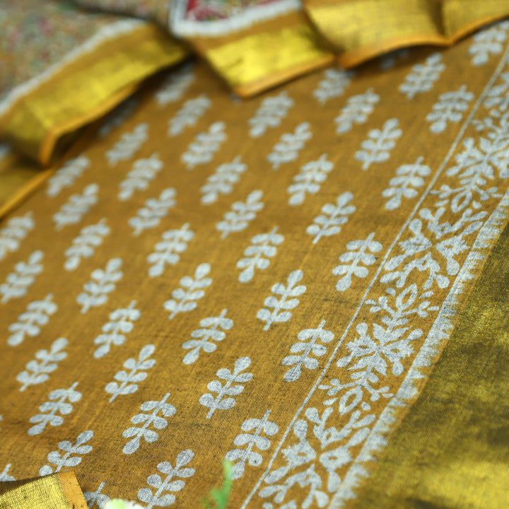 Irayaat Dijon Yellow All Over Printed with Jacquard Weaved Hem Cotton Suit Set