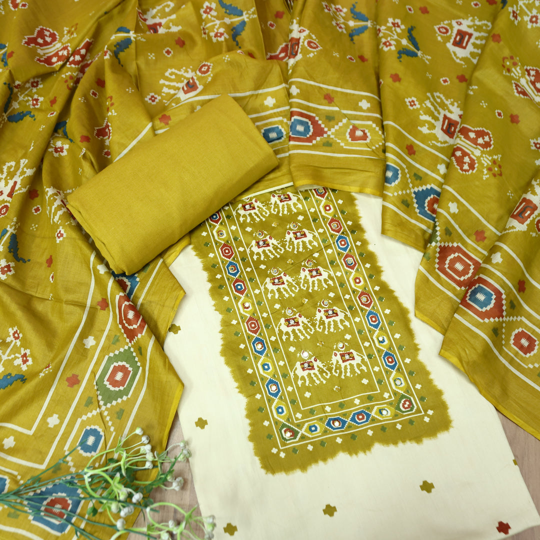 Amelia Beige with Mustard Gajj Print Patra Work Yoke Cotton Set