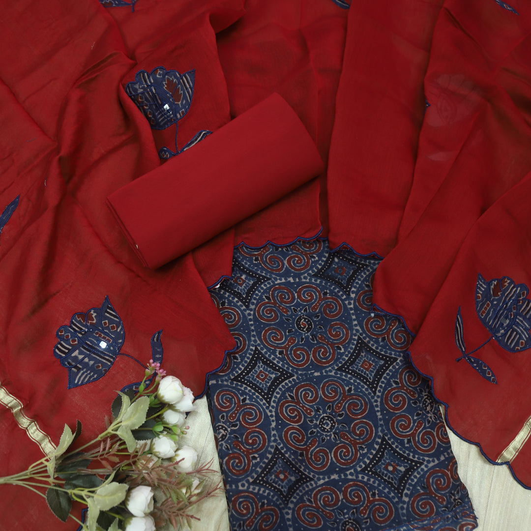 Mohataaz Navy Blue Ajrak Printed Maheshwari Top With Dupatta Set D3