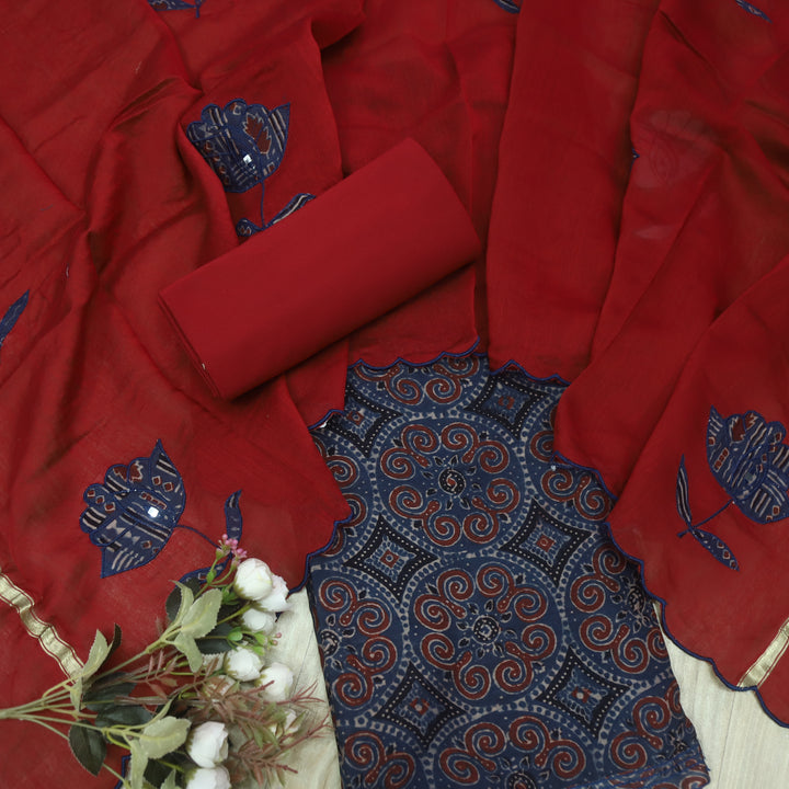 Mohataaz Navy Blue Ajrak Printed Maheshwari Top With Dupatta Set D3