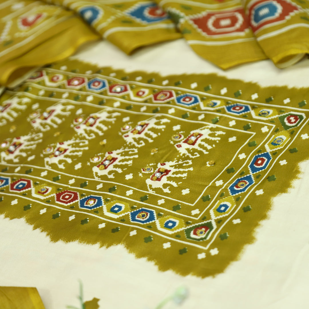Amelia Beige with Mustard Gajj Print Patra Work Yoke Cotton Set