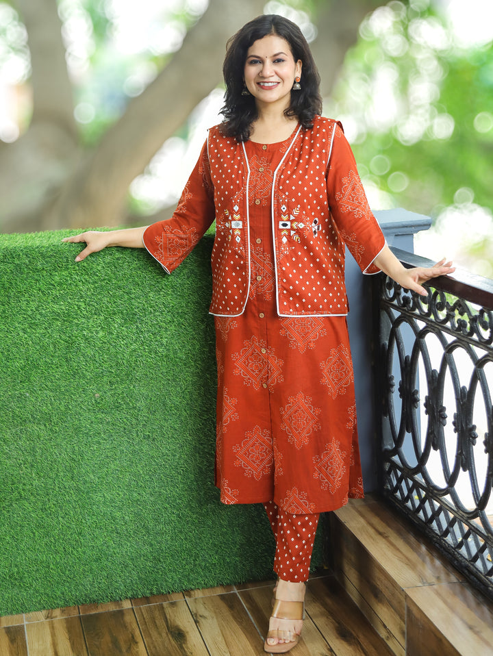 Rangrez Burnt Rust Bandhani Print Cotton Jacket Set