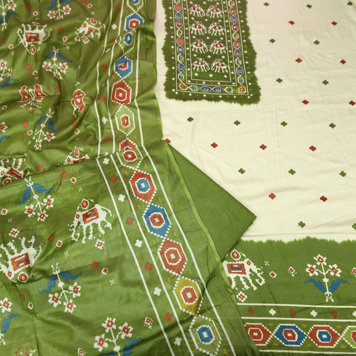 Amelia Beige with Green Gajj Print Patra Work Yoke Cotton Set