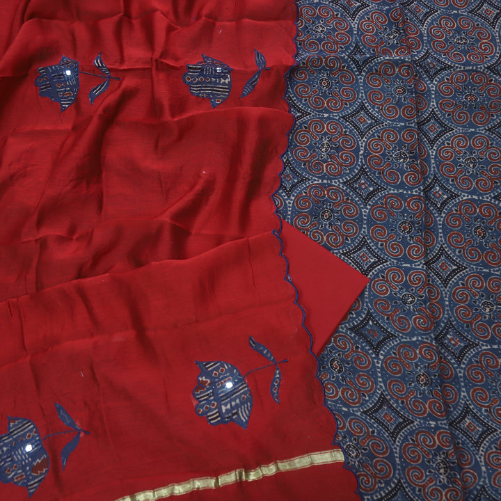 Mohataaz Navy Blue Ajrak Printed Maheshwari Top With Dupatta Set D3